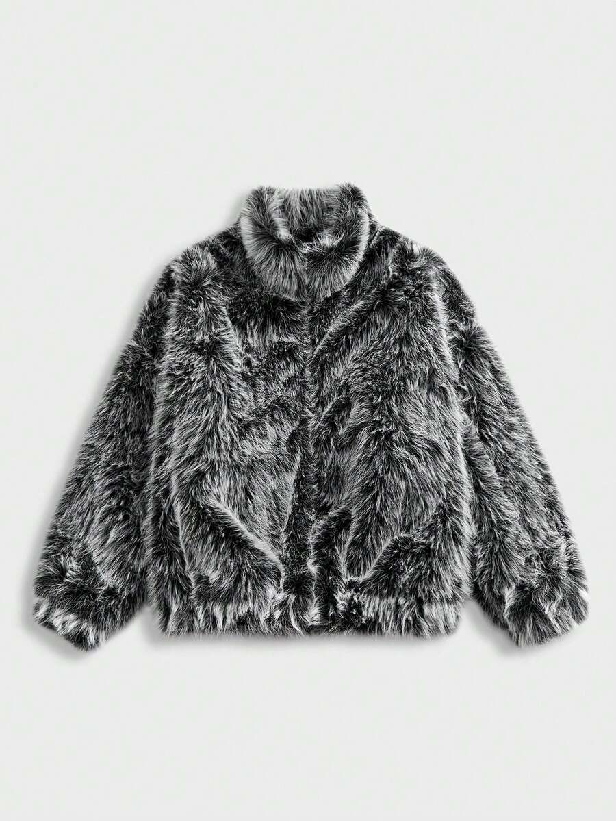 EASEVO Plus Size Men's Fashionable Long Sleeve Faux Fur Coat, Fall Winter - Black - View 1