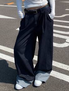 Livesso Women's Autumn Folded Hem Design Jeans - Blue - View 5