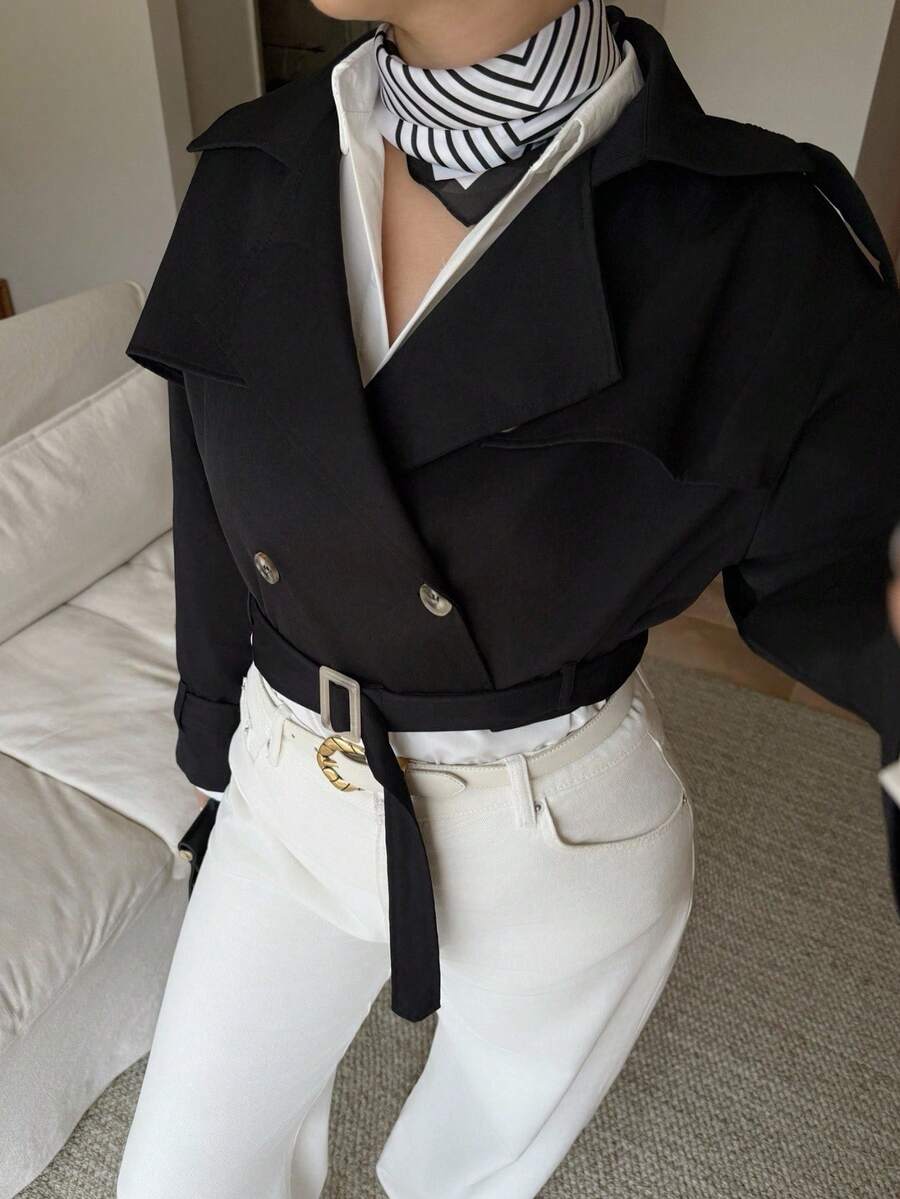Dripcurv Plus Size Vintage Style Black Cropped Trench Coat With Collar - Black - View 1