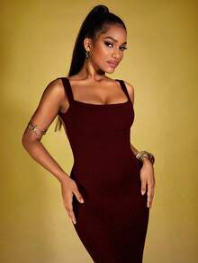 INAWLY 女士纯色露背无袖修身优雅连衣裙 - 酒紅色 - 查看 3