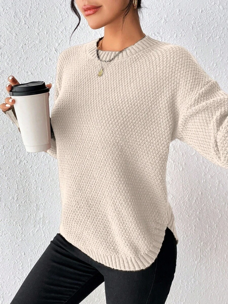 EMERY ROSE Women's Casual Loose Fit Drop Shoulder Crew Neck Long Sleeve Solid Color Sweater, Autumn - Khaki - View 1