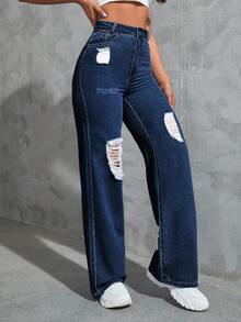 EURMUSE Casual Washed High Waist Distressed Straight Leg Jeans - Dark Wash - View 5
