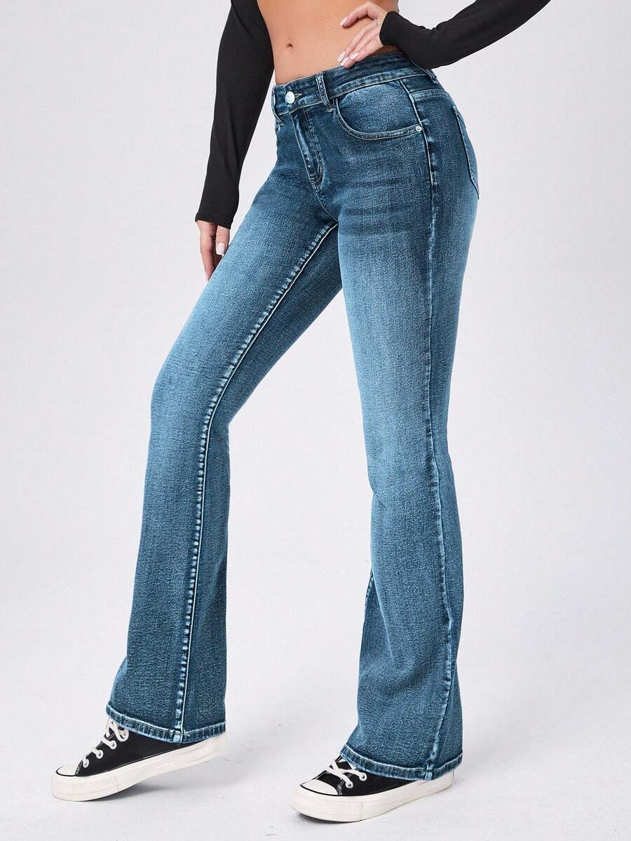 SHEIN Cottnline سراويل جينز نسائية ذات خصر منخفض وجرس واسع مع جيوب للاستخدام اليومي - ازرق ضبابي - مشاهدة 1