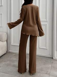 EURMUSE 2 Pieces Outfits For Women 90s Casual Boho Muse Blouse Flare Leg Pants Solid Daily Pleated Suit - Brown - View 2