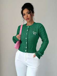 EURMUSE Women's Autumn Cable Knit Long Sleeve Bow Embroidery Cardigan - Green - View 6