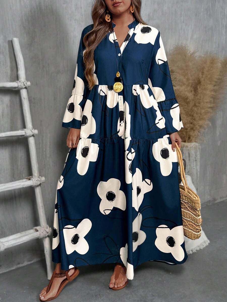 Breezaya 大码女式V领花卉印花宽松休闲长裙 - 藏蓝色 - 查看 1