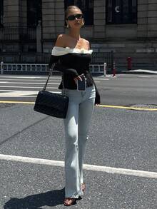 DAZY Autumn Sexy Fitted Elegant Fashion Off Shoulder Short Top, Mesh Fabric With 3D Floral Decor, Color Block, Suitable For Party, Wedding, Long Sleeve Women T-Shirt