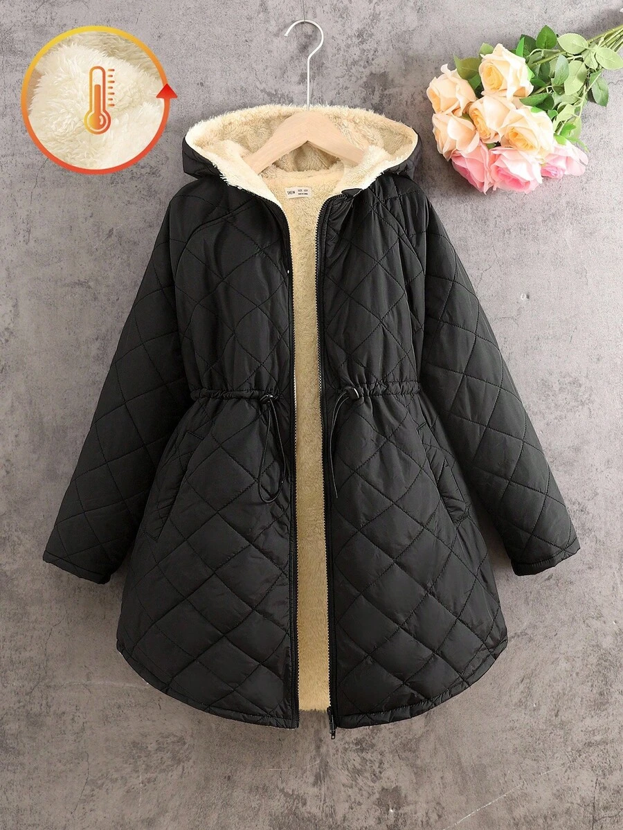 SHEIN Tween Girl Loose Casual Minimalist Comfortable Hooded Cinched Waist Thick Jacket, Autumn/Winter Fall - Black - View 1