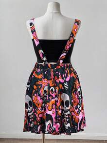 Sweetra Plus Size Women Casual Colorful Skull Print Suspender Dress - Dusty Pink - View 2