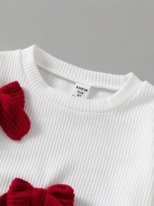 Elladie kids 2 件套年轻女孩可爱针织蝴蝶装饰圆领长袖上衣和红色喇叭裤，春秋 - 紅色 - 查看 4