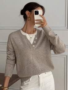 DAZY Casual Color Block Henley Neck Pullover, Soft Knit 2 In 1 Sweater For Women Fall