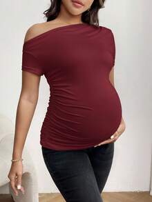 SHEIN Maternity Casual Everyday Solid Color Asymmetrical Neck Ruched Fitted T-Shirt, Summer - Burgundy - View 4