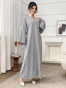 SHEIN Najma Váy kẻ sọc dài tay dáng rộng, thắt nút sau lưng kiểu chéo dành cho nữ - Đen và trắng - Xem 4