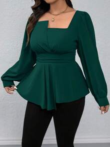 Rometta Áo sơ mi tay dài cổ vuông màu trơn viền bèo nhún cỡ lớn, thường ngày cho dịp Giáng sinh, áo peplum - Màu xanh lá cây đậm - Xem 5