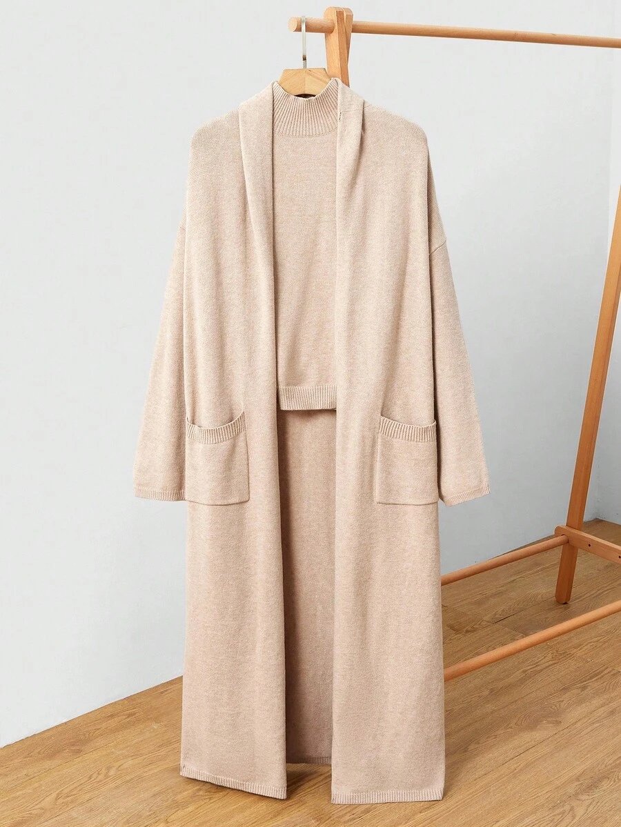 Uhlyne Women's Minimalist Office Outfit, Khaki High Neck Casual Commuter Business Casual Blazer Jacket With Pockets, Collarless Cardigan Sweater And High Neck Top 2 Pieces Set, Autumn/Winter Knit Sets Minimalist Clothes Women Women Knitwear Sets Knitted Sweater - Camel - View 1