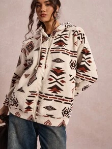 SHEIN LUNE 加大码落肩抽绳卫衣，适合春秋季旅行、机场西部风波西米亚风宽松西部服饰，连帽拉链卫衣，米色Polo衫，时尚冬季棕色派对秋季万圣节圣诞节秋季 - 彩色 - 查看 10