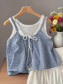 INAWLY 2025年大码女式夏秋季花卉格子印花吊带背心 - 藍白色 - 查看 3