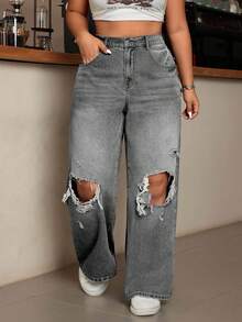 EURMUSE Plus Size Summer Casual Distressed Slant Pocket Denim Jeans - Light Grey - View 2