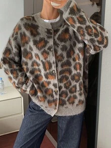 DAZY Vintage Single-Breasted Leopard Print Cardigan Sweater, Winter New Arrival - Brown - View 3