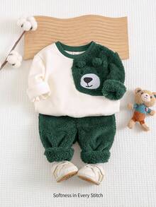 Cozy Pixies 2pcs Baby Boy Cartoon Bear Pattern Contrast Color Round Neck Drop Shoulder Hoodie And Jogger Pants Set Fall Winter - Dark Green - View 1