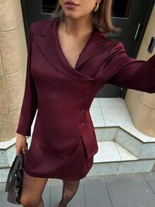 Aloruh Conjunto de traje de mujer, color rojo burdeos sólido y profundo, elegante para ir al trabajo, diseño de solapa asimétrica con blazer y minifalda, conjunto de 2 piezas para mujeres, casual de negocios, otoño para mujeres - Marrón - Ver 5