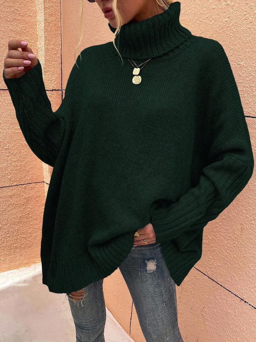 SHEIN LUNE 秋冬休闲宽松纯色高领毛衣 - 綠色 - 查看 1
