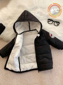 Baby Boy Winter Navy Blue Padded Hooded Jacket,Modest Quilted Fleece Thickened Long Coat For Date,Casual Stylish Minimalist Design,Fall Outdoor Wear - Black - View 4