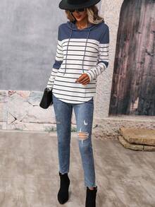 SHEIN LUNE Striped Colour Block Drawstring Hoodie - Navy Blue - View 3