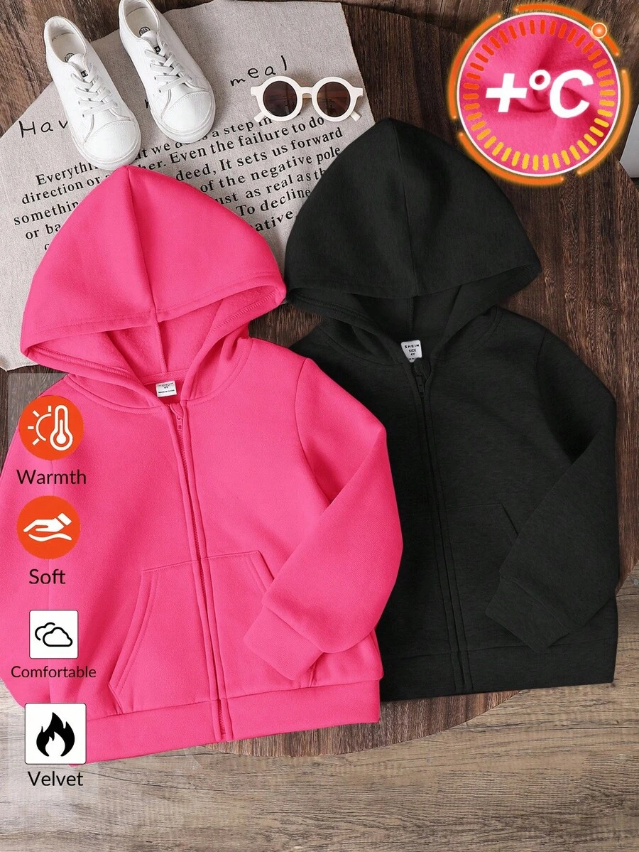 SHEIN 最便宜的年轻女孩买 1 送 1 2 件/套年轻女孩纯色连帽宽松休闲运动衫运动衫，度假风格，休闲学院风，适合秋冬季，非常适合休闲和日常穿着和学校，圣诞节，女孩冬装，圣诞服装，派对服装，日常穿着学校日常，生日服装，公主服装，妈妈和女儿和姐妹搭配，温暖，柔软，舒适，天鹅绒 - 黑色 - 查看 1