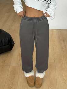 Coolane Women's Fall/Winter Warm Comfy Going Out Streetwear Elastic Waist Drawstring Casual Grey Pants With Pockets, Thermal Lined, Loose Fit