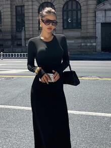 DAZY 女士露背系带中长连衣裙，Y2K初秋款 - 黑色 - 查看 3