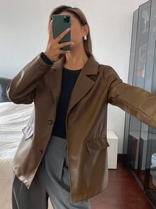 DAZY Women's Loose Casual PU Blazer Jacket, Autumn Buisness Attire