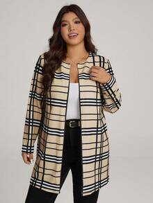 Comfylo Plus Size Women Open Front Plaid Print Casual Jacket, Autumn Outerwear Plus Size Fall Clothes Fall Women Clothes Fall Clothes Plus Size Fall Outfits For Women  Fall Outfits Women Winter