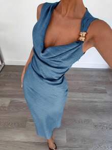 Siren Gaze Women's Casual Holiday Women's Dress, Elegant Asymmetric Design Metal Buckle Long Dress Women, Cocktail Party Dress Fall Dresses Dresses For Women Party Off The Shoulder Dress Summer Evening Dress - Medium Wash - View 4