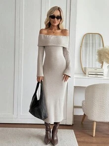 Easowa Women's Elegent Beige Winter Off Shoulder Fuzzy Ribbed Long Sleeve Midi Dress,Tight-Fitting Casual Fall Clothes For Date,Elegant Formal Evening Dress - Khaki - View 4