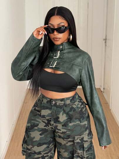 Maweii 2025 大码女式 Y2K 皮夹克，带孔眼装饰，可调节肩带，适合户外、音乐节穿着