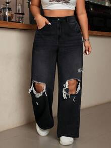 EURMUSE Plus Size Women High Waist Pockets Distressed Wide Leg Loose Casual Jeans - Dark Wash - View 2