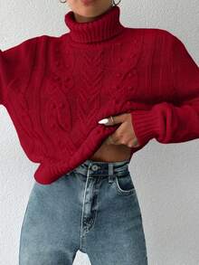 EURMUSE Women's Solid Color High Neck Knitted Casual Cable Knit Pullover Sweater - Merah - View 5