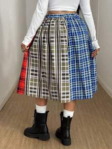 Maweii Gonna midi aderente da donna taglie forti, con design a spacco alto e fantasia a quadri colorati, versatile per feste, festival musicali, primavera/autunno 2025 - Multicolore - Visualizzare 2