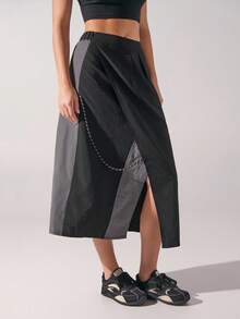 Menodora SHEIN Sport Asymmetric Patchwork Multi-Pocket Slit Drawstring Design Skirt - Black - View 4