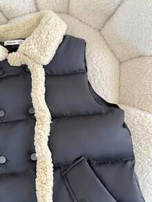 SHEIN Tween Girl Button Decor Solid Color Sleeveless Padded Coat,Casual & Versatile Black Winter Modest Puffer Vest For Date,School,Travel & Daily Wear - Black - View 7
