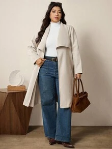 SHEIN LUNE 大码女式纯色翻领长袖系带休闲外套，秋冬外出外套，商务时尚冬装 - 杏色 - 查看 4