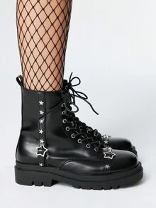 ROMWE Grunge Punk Women's Gothic Style Round Toe Rivet Metal Buckle Thick Heel PU Leather Black Punk Boots, Suitable For Party, Daily Wear, And Casual Styles, Halloween - Black - View 4