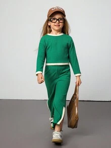 SHEIN 2pcs/Set Young Girl Beige Patchwork Green Contrast Color Casual Top And Flared Leg Pants Set,Softautumncolorpalette,Familymatching Ribbed Knit Outfit - Multicolor - View 4