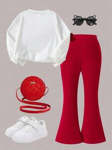 Elladie kids 2 件套年轻女孩可爱针织蝴蝶装饰圆领长袖上衣和红色喇叭裤，春秋 - 紅色 - 查看 2