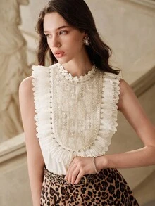 Anewsta Savoree Elegant Fashion Heavy Beaded & Rhinestone Floral Decor Stand Collar Lace Trim Double Layer Hollow Ruffle Hem Sleeveless Apricot Blouse For Women
