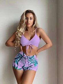 SHEIN Swim Bikini Con Cordón Y Estampado Tropical De Playa De Verano - Lila Púrpura - Ver 1