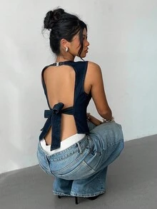 Aloruh Women's Dark Wash Denim Sleeveless Round Neck Backless Tie-Back Crop Top