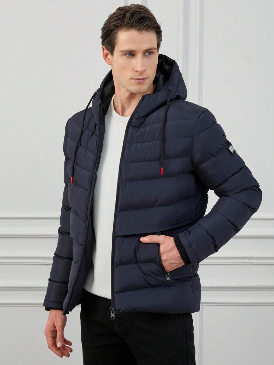 RueChic Men Zip Up Drawstring Hooded Puffer Coat - Navy Blue - View 1