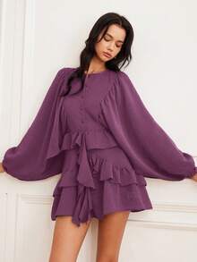 EMERY ROSE Women's Autumn/Winter New Lantern Sleeve Solid Coffee Color Loose Round Neck Versatile Button Layered Ruffle Hem Long Sleeve Flowy Mini Dress - Purple - View 6